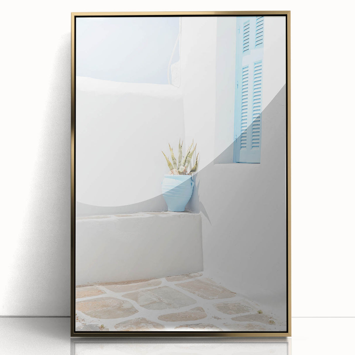 Large framed acrylic print featuring a mid-century modernist summer scene in gold and white tones.