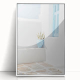 Art deco poster of a stylized summer scene in pastel shades, framed in white acrylic, suitable for modern nursery wall decor.