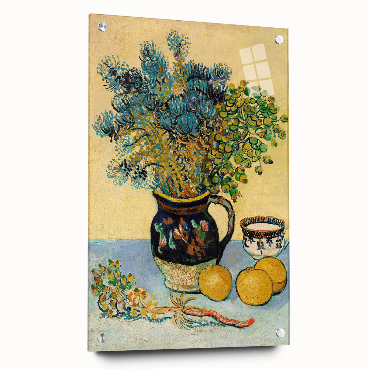 Large abstract wall art on acrylic glass depicting swirling blue and yellow tones, ideal for bedroom or dining room decor.