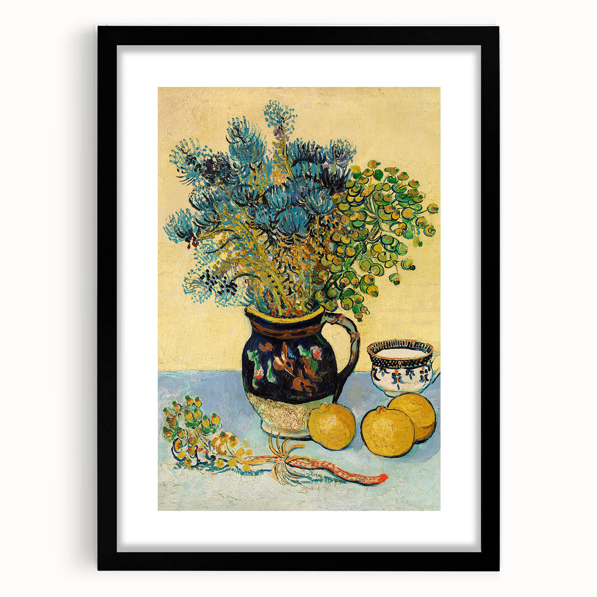 Extra large, textured abstract art print depicting vibrant, colorful swirls on a black framed canvas.