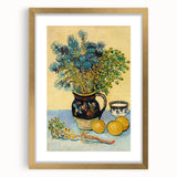 Abstract art print featuring swirling blue and yellow patterns on a framed canvas, suitable for dining room or bedroom decor.