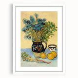 Textured abstract art print in vibrant blue and yellow tones on a white framed canvas, ideal for bedroom wall decor.