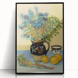 Large abstract wall art featuring swirling blue and yellow tones on acrylic, framed in black.