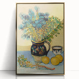 Art deco poster of Van Gogh's Starry Night in a gold frame, featuring swirling blue and yellow tones.