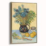 Side view of a framed canvas depicting a Van Gogh-inspired landscape in muted earth tones, ideal for bedroom wall art.