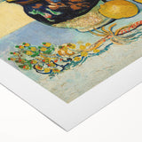 Art deco poster depicting a stylized cityscape in muted gold and navy tones on rolled canvas, suitable for dining room walls.