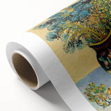 Art deco poster of a starry night over a village, using blue and yellow hues on rolled canvas.