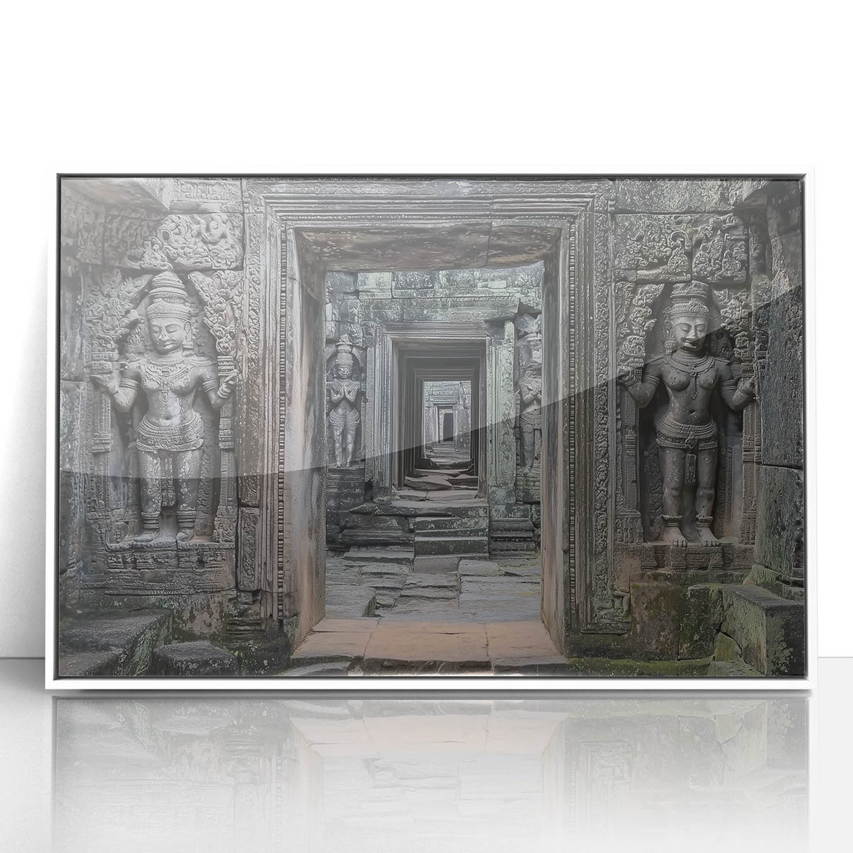 Framed acrylic artwork showcasing a serene landscape with a majestic castle, set against a vibrant blue sky and lush greenery, perfect for home decor.