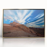 Framed acrylic artwork depicting a dramatic landscape of cliffs and ocean waves, featuring golden accents that enhance its vibrant colors and depth. Ideal for modern decor.