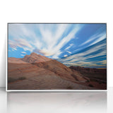 Framed acrylic landscape artwork featuring dramatic cliffs and serene ocean views, presented in a sleek white frame, ideal for modern home decor.