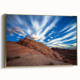 Framed canvas artwork showcasing a stunning landscape of cliffs, with rich colors and a gold frame, ideal for enhancing home decor and artistic ambiance.
