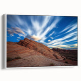 Framed canvas artwork depicting dramatic cliffs and serene landscapes, showcased from a white side view, perfect for enhancing modern home decor.