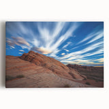 Vibrant stretched canvas artwork depicting dramatic cliffs and serene landscapes in rich colors, perfect for enhancing any living space or office decor.