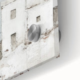 Close-up of vibrant abstract architecture wall art printed on acrylic glass, showcasing intricate geometric patterns in bold colors, ideal for modern decor.