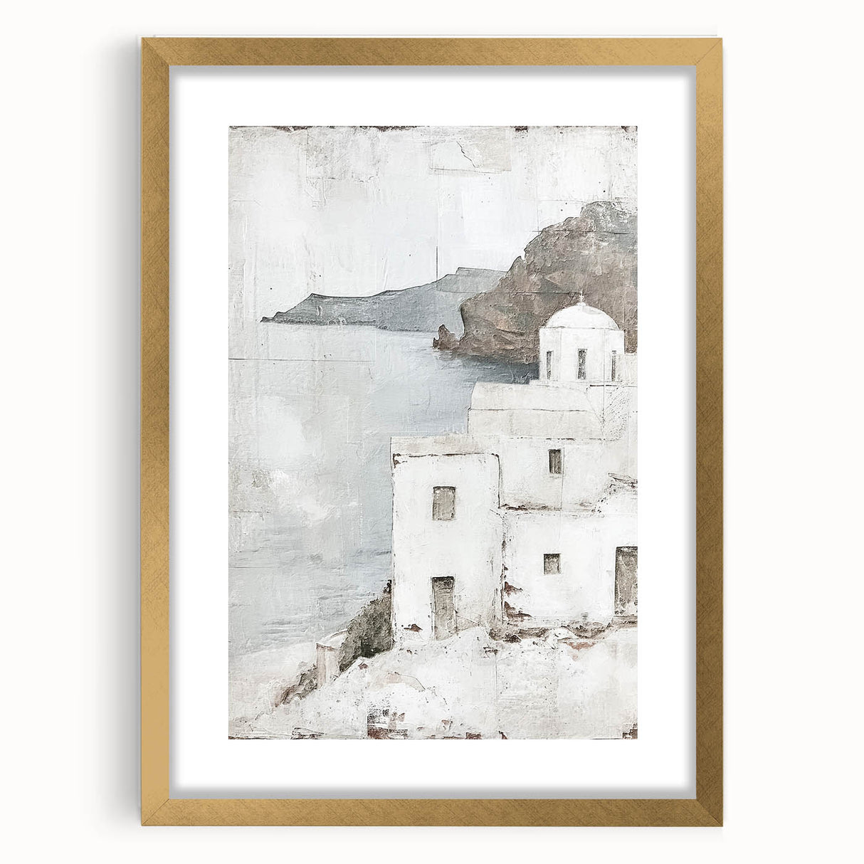 Abstract architectural wall art framed in gold with a mat, showcasing geometric shapes and soft color gradients, perfect for modern home decor. Ideal for enhancing contemporary interiors with elegance and style.
