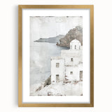 Abstract architectural wall art framed in gold with a mat, showcasing geometric shapes and soft color gradients, perfect for modern home decor. Ideal for enhancing contemporary interiors with elegance and style.