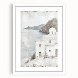 Abstract architectural wall art framed in white with a mat, showcasing geometric shapes and a modern design, perfect for enhancing contemporary interiors.