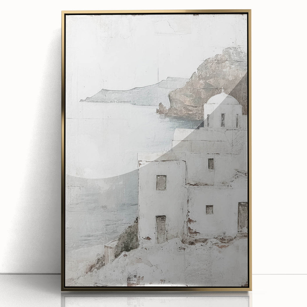 Framed abstract architecture wall art featuring a gold acrylic finish, showcasing geometric shapes and modern design elements, perfect for contemporary decor.