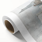 Abstract architectural wall art on rolled canvas, showcasing geometric shapes in muted tones of blue and gray, perfect for modern interior decor. The artwork is elegantly packaged in a sturdy cardboard tube.