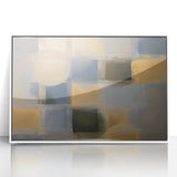 Framed abstract geometric wall art in white acrylic, showcasing a modern design with sharp angles and vibrant colors, perfect for contemporary home decor.