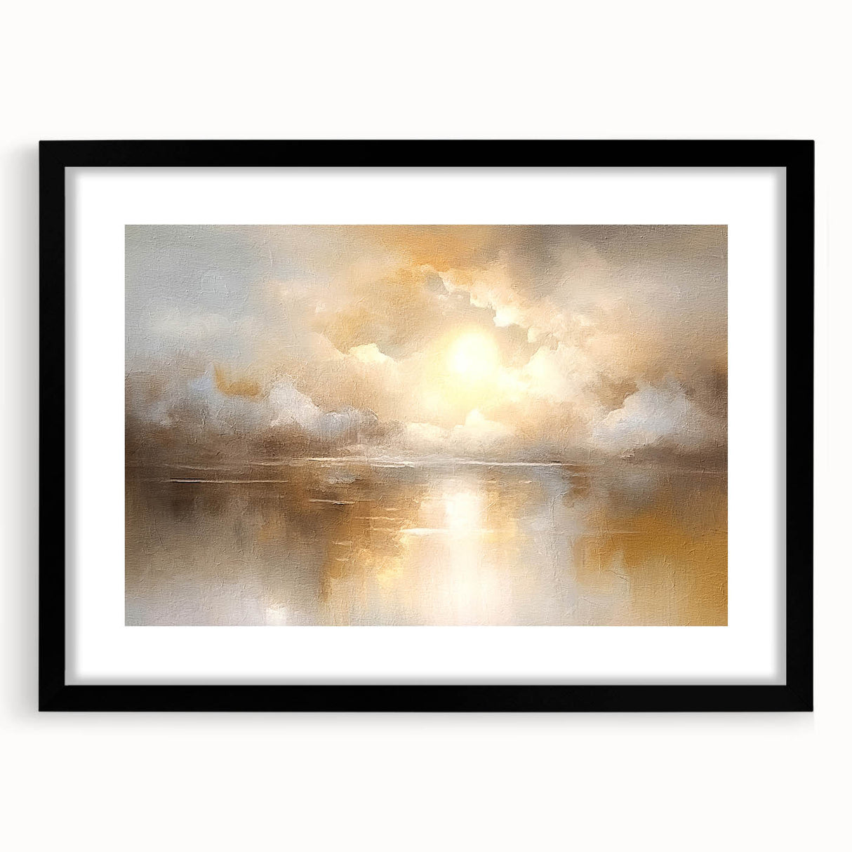 Abstract landscape wall art framed in black with a white mat, showcasing a serene blend of earthy tones and textures, perfect for modern home decor.