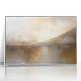 Framed acrylic wall art depicting an abstract landscape with soft hues of blue and white, perfect for adding a modern touch to home decor.