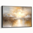 Framed abstract landscape wall art featuring a serene color palette of blues and greens, presented from a side view to highlight its sleek black frame and canvas texture. Ideal for modern home décor, this artwork adds a touch of tranquility to any space.