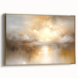 Framed abstract landscape wall art featuring gold accents, showcasing a modern design with a side view that highlights its sleek profile and elegant finish.