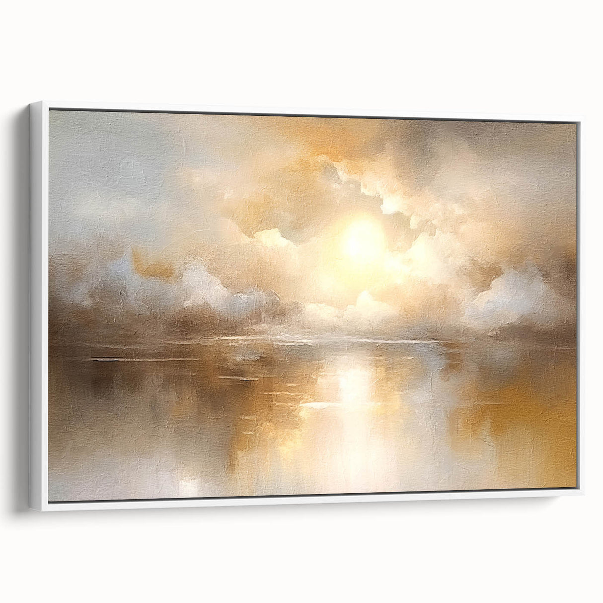 Framed abstract landscape wall art showcasing soft earth tones and flowing shapes, elegantly displayed in a white frame, perfect for modern home decor.