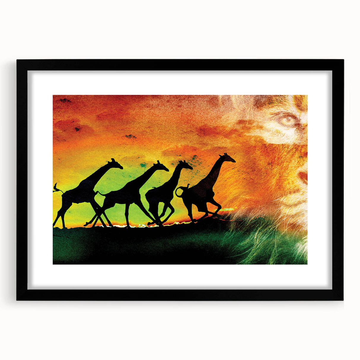 Framed black animal art print showcasing intricate wildlife designs and a stylish mat, perfect for home decor, adding elegance to any room setting.