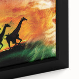 Close-up view of a framed canvas showcasing vibrant animal illustrations, featuring intricate details and bold colors, perfect for enhancing home decor.