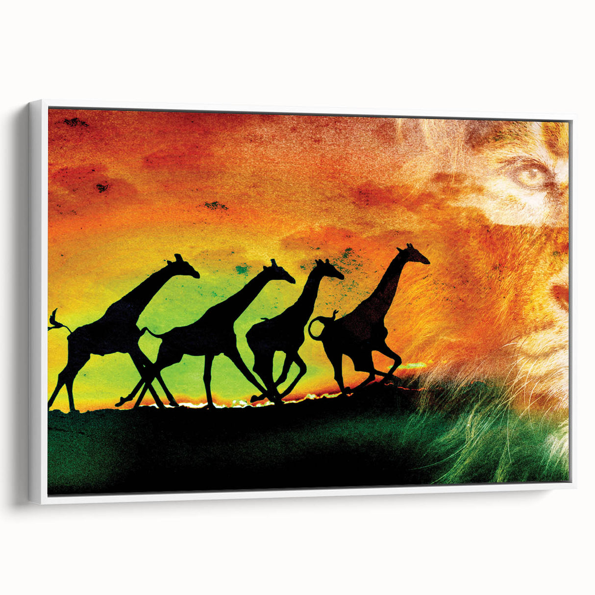 Framed canvas artwork showcasing a vibrant animal-themed design in a modern white frame, viewed from the side, perfect for enhancing home decor with nature-inspired aesthetics.
