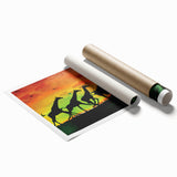 Rolled canvas print showcasing a vibrant animal-themed design, featuring intricate details and bold colors, securely packaged in a protective cardboard tube for shipping.