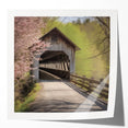 Extra large wall art depicting a covered bridge in muted earth tones on glossy photo paper, suitable for dining room decor.