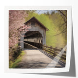 Extra large wall art depicting a covered bridge in muted earth tones on glossy photo paper, suitable for dining room decor.
