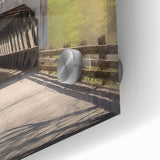 Mid-century modernist acrylic print of an abstract covered bridge in muted gray tones, ideal for dining room art.