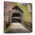 Side view of a large abstract acrylic print featuring a covered bridge in muted earth tones.