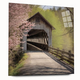 Side view of a large abstract wall art featuring a covered bridge design on acrylic glass.