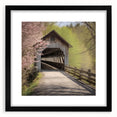 Extra large abstract art print featuring a colorful, textured depiction of a covered bridge, framed in black.