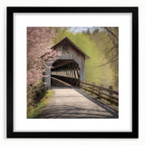Extra large abstract art print featuring a colorful, textured depiction of a covered bridge, framed in black.