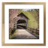 Extra large abstract art print of a covered bridge, in a gold frame with mat, featuring textured brush strokes.