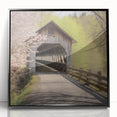 Large abstract wall art depicting a mid-century modernist style covered bridge in muted earth tones, framed acrylic print.