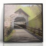 Large abstract wall art depicting a mid-century modernist style covered bridge in muted earth tones, framed acrylic print.