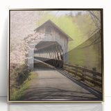 Mid-century modernist style large art print of a covered bridge, framed in gold acrylic, suitable for nursery wall art.