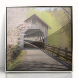 Mid-century modernist art of a covered bridge in muted earth tones on framed acrylic, suitable for nursery wall decor.