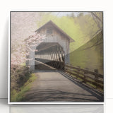Art deco poster featuring an architecture-covered bridge in muted gray tones, framed acrylic.