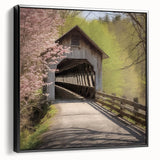 Black and white framed canvas of a vintage-style covered bridge landscape, ideal for bedroom wall decor.