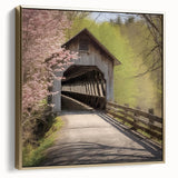 Framed canvas depicting a vintage-style landscape with a covered bridge in silver and gold tones.