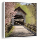 Vintage poster art of a covered bridge in muted black and white on a framed canvas, suitable for living room decor.