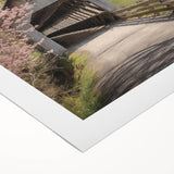 Art deco poster of an architecture-covered bridge in monochrome shades on rolled canvas, suitable for dining room wall art.